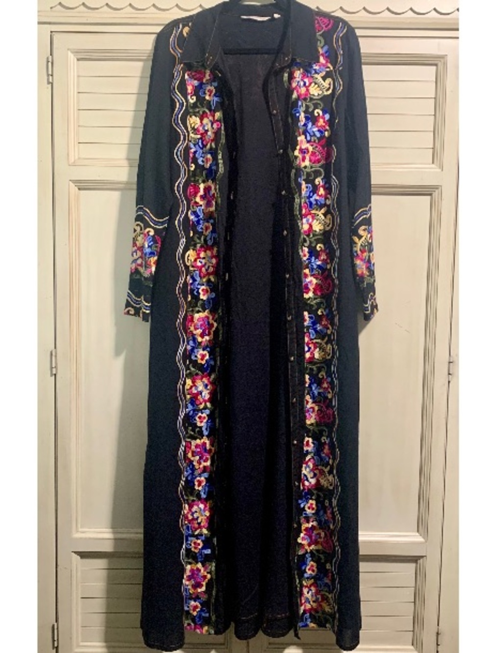 Soft Surroundings Long Black Embroidered Duster Jacket Button Up Dress